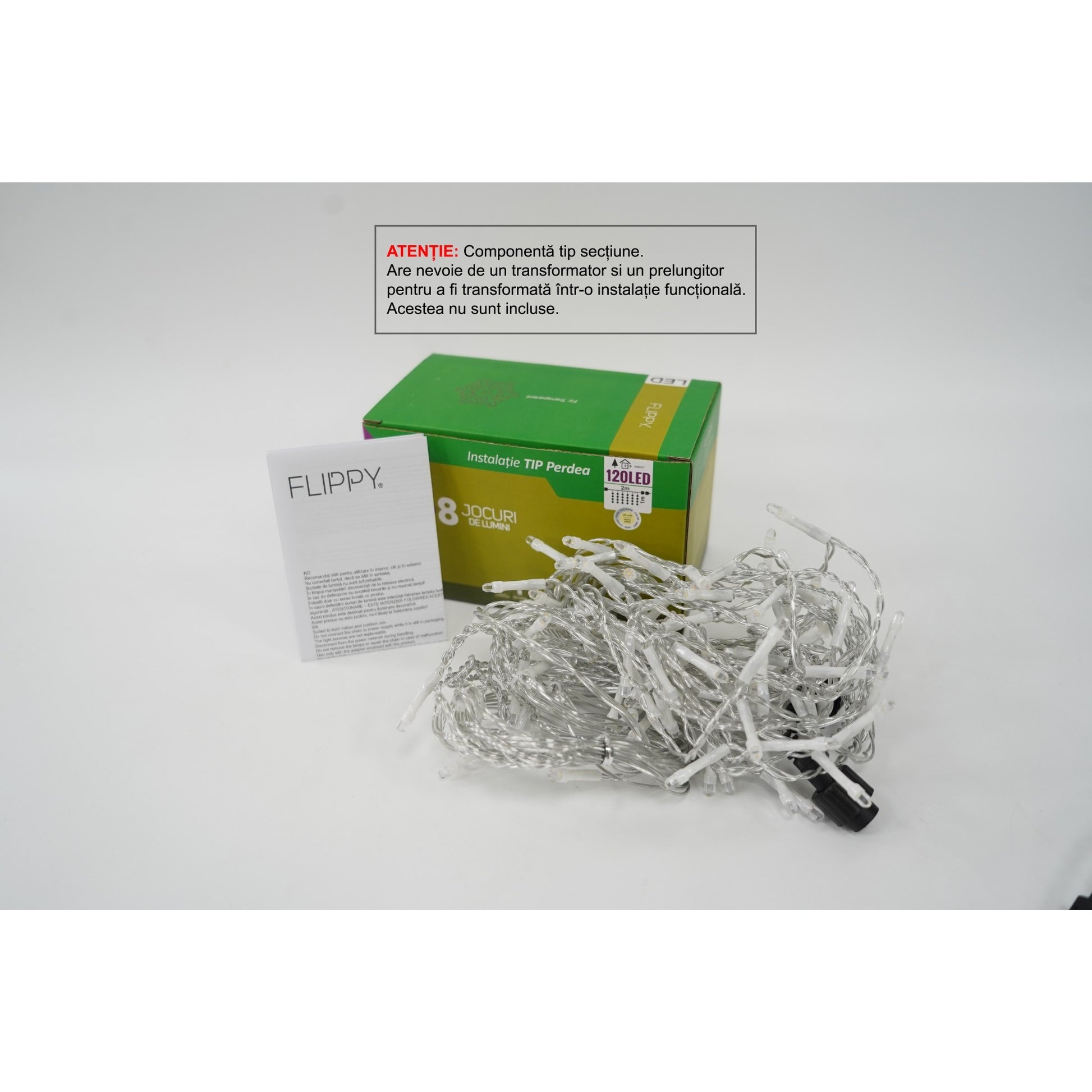 Sectiune Instalatie de Craciun Klevo Tip Perdea, 8 jocuri de lumini, 2m x1 m, 120 LED-uri, Interconectabila, Fir Transparent, Alb Cald
