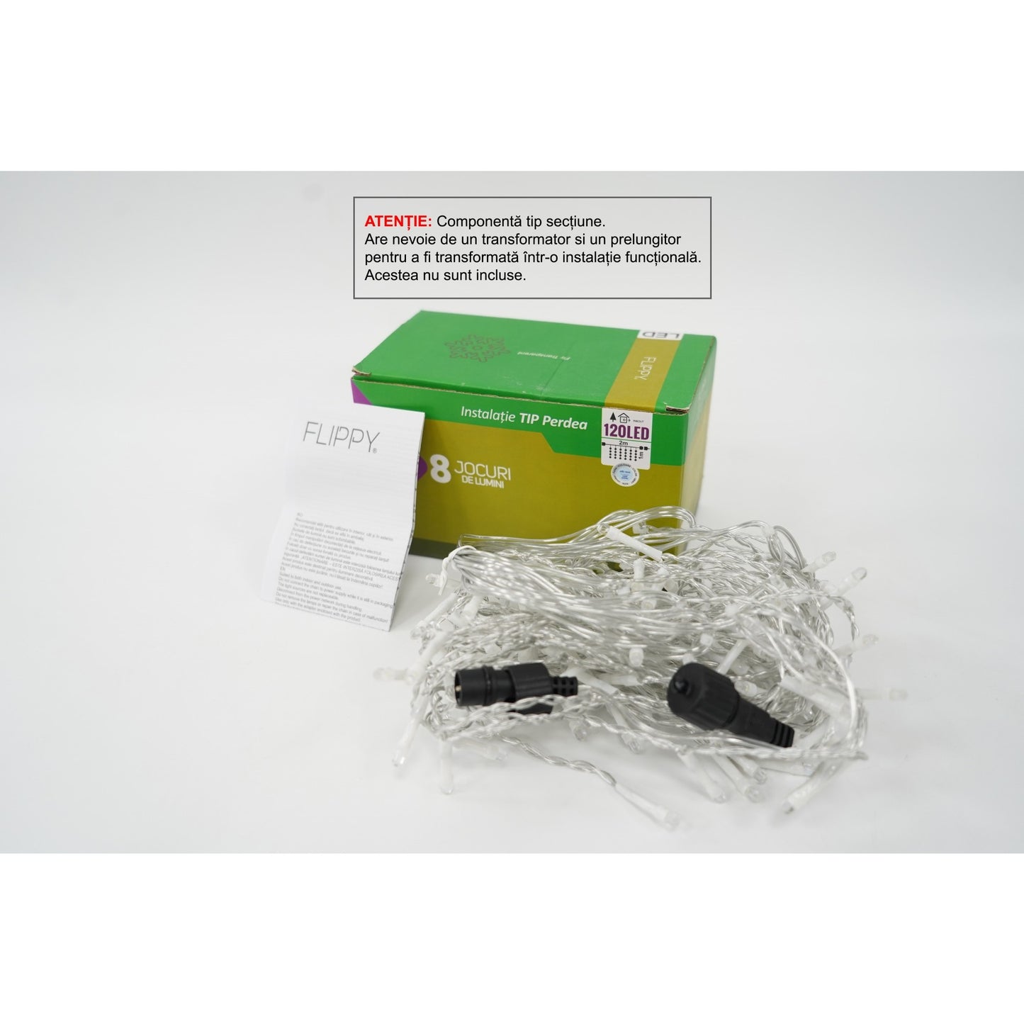 Sectiune Instalatie de Craciun Klevo Tip Perdea, 8 jocuri de lumini, 2m x1 m, 120 LED-uri, Interconectabila, Fir Transparent, Alb Rece