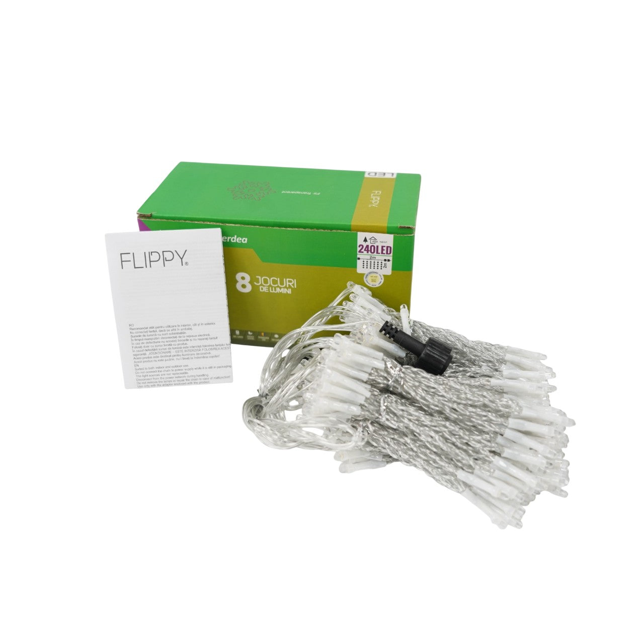 Sectiune Instalatie de Craciun Klevo Tip Perdea, 8 jocuri de lumini, 2m x2 m, 240 LED-uri, Interconectabila, Fir Transparent, Alb-cald