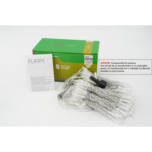 Sectiune Instalatie de Craciun Klevo Tip Perdea, 8 jocuri de lumini, 2m x2 m, 240 LED-uri, Interconectabila, Fir Transparent, Alb-cald