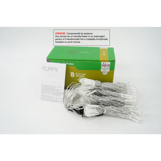 Sectiune Instalatie de Craciun Klevo Tip Perdea, 8 jocuri de lumini, 2m x2 m, 240 LED-uri, Interconectabila, Fir Transparent, Alb-Rece