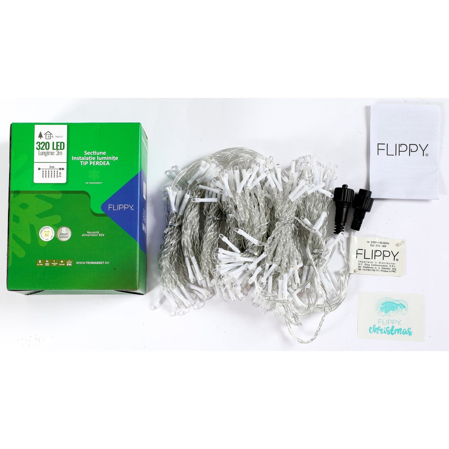Sectiune Instalatie de Craciun Klevo Tip Perdea, cu 8 jocuri de lumini, 3 m x 3 m, 320 LED-uri, Interconectabila, Fir Transparent, Alb Cald