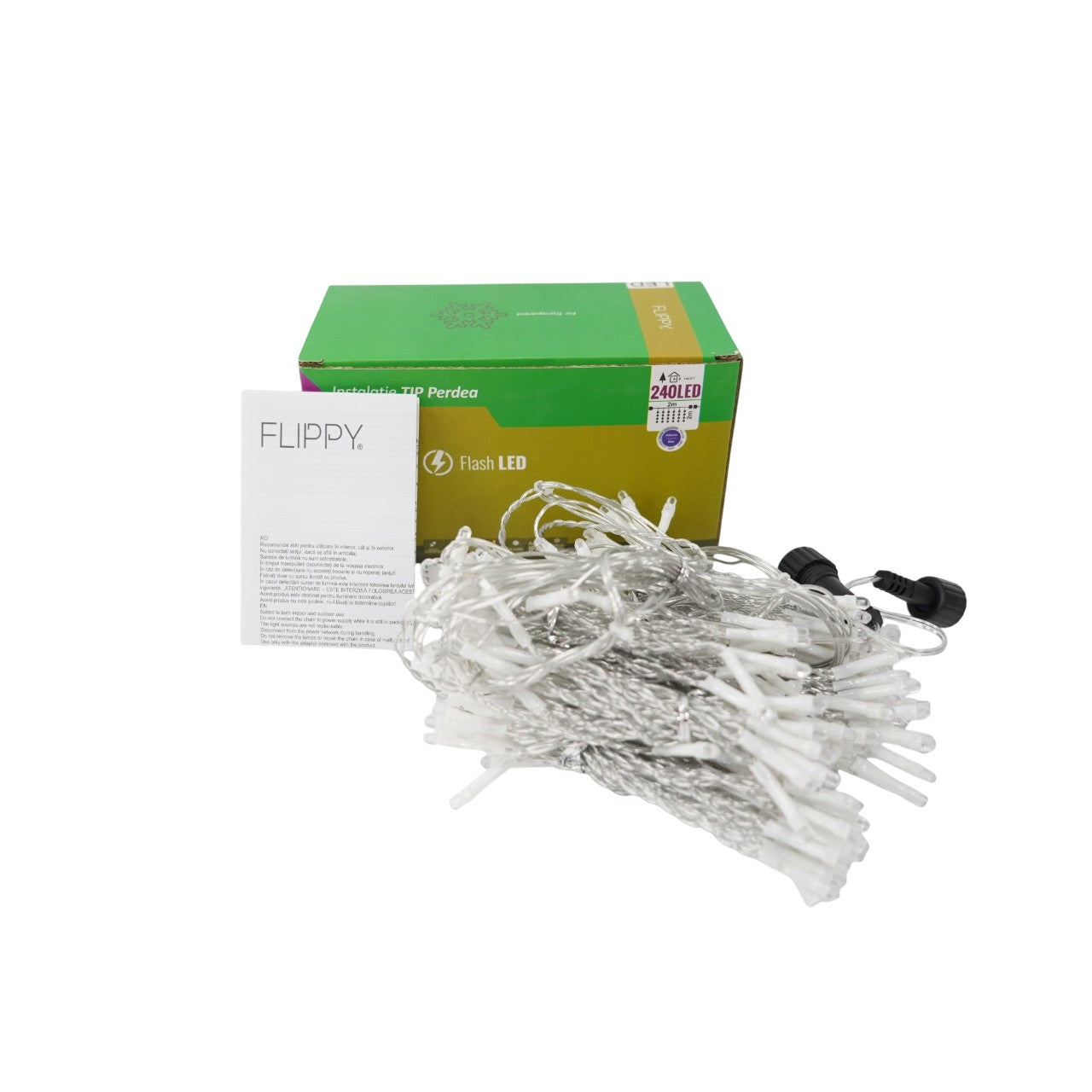 Sectiune Instalatie de Craciun Klevo Tip Perdea, cu Flash, 2 m x 2 m, 240 LED-uri, Interconectabila, Fir Transparent, Albastru