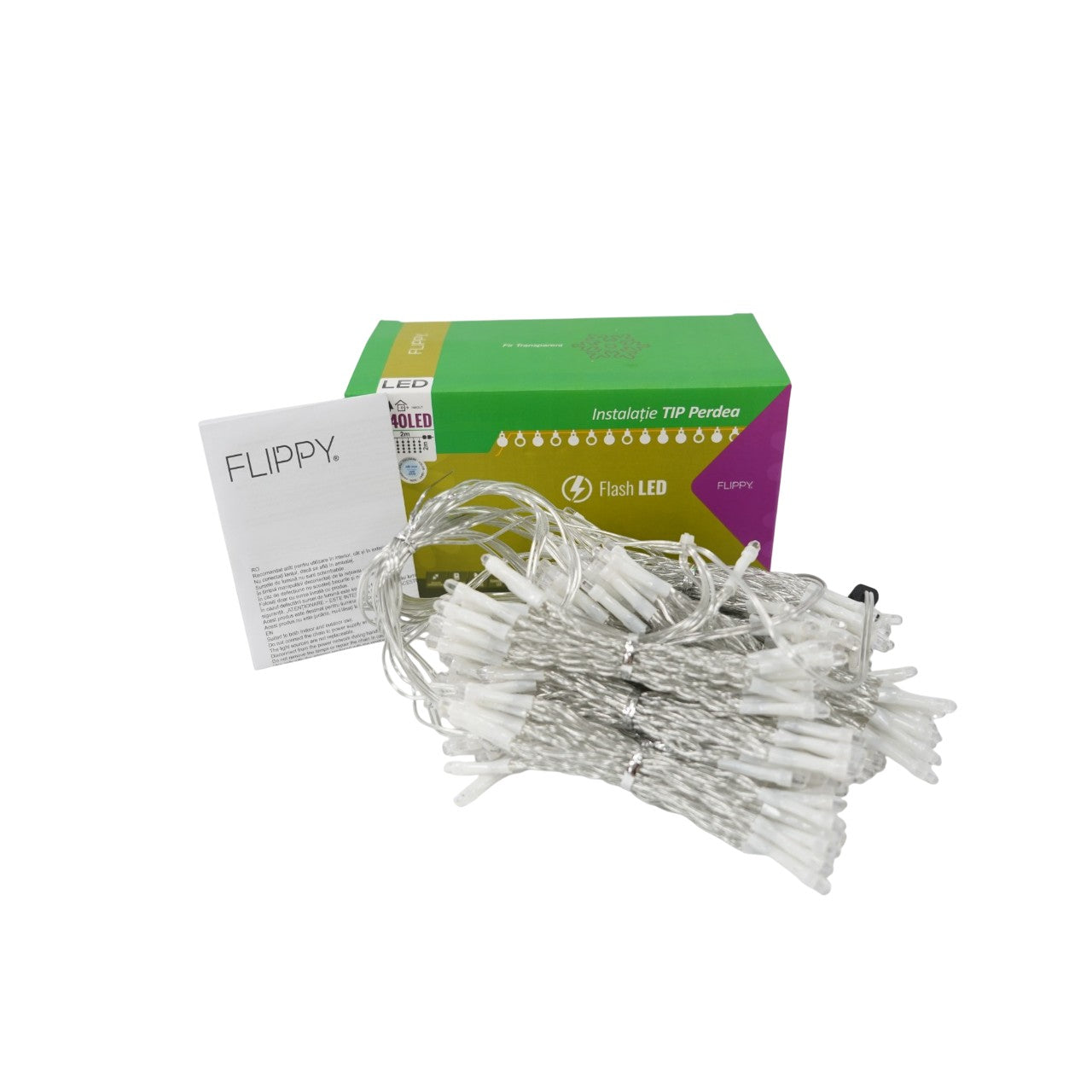 Sectiune Instalatie de Craciun Klevo Tip Perdea, cu Flash, 2 m x 2 m, 240 LED-uri, Interconectabila, Fir Transparent, Alb-Rece
