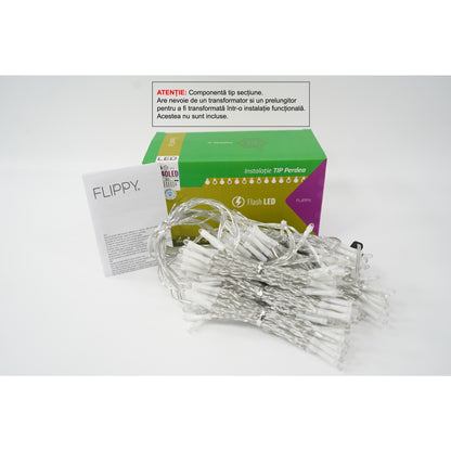 Sectiune Instalatie de Craciun Klevo Tip Perdea, cu Flash, 2 m x 2 m, 240 LED-uri, Interconectabila, Fir Transparent, Alb-Rece