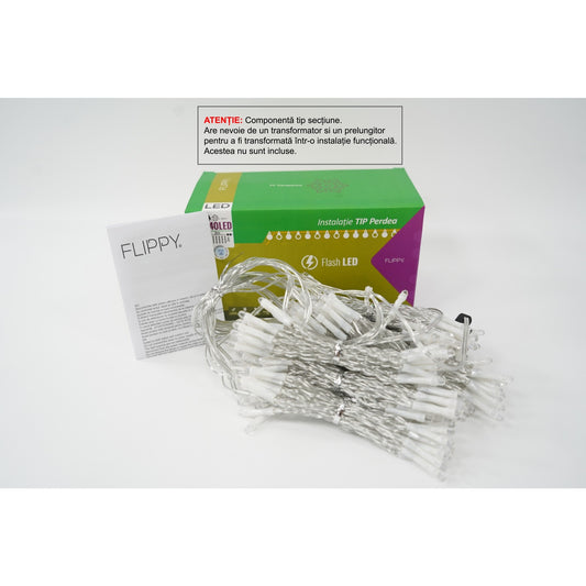 Sectiune Instalatie de Craciun Klevo Tip Perdea, cu Flash, 2 m x 2 m, 240 LED-uri, Interconectabila, Fir Transparent, Alb-Rece