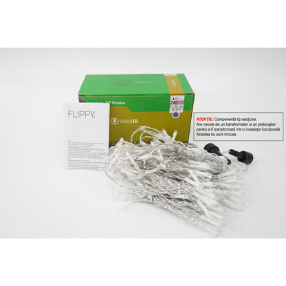 Sectiune Instalatie de Craciun Klevo Tip Perdea, cu Flash, 2 m x 2 m, 240 LED-uri, Interconectabila, Fir Transparent, Albastru