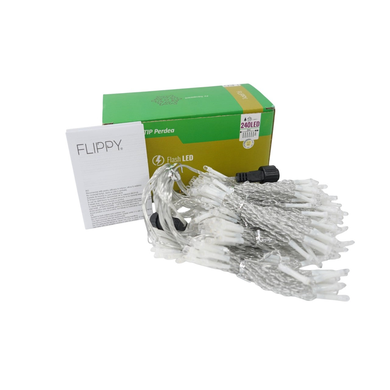 Sectiune Instalatie de Craciun Klevo, Tip Perdea, cu Flash ,2 X 2 m, 240 LED-uri, Interconectabila, Fir Transparent, Alb Cald
