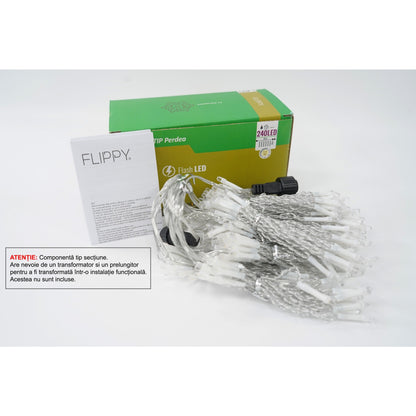 Sectiune Instalatie de Craciun Klevo, Tip Perdea, cu Flash ,2 X 2 m, 240 LED-uri, Interconectabila, Fir Transparent, Alb Cald