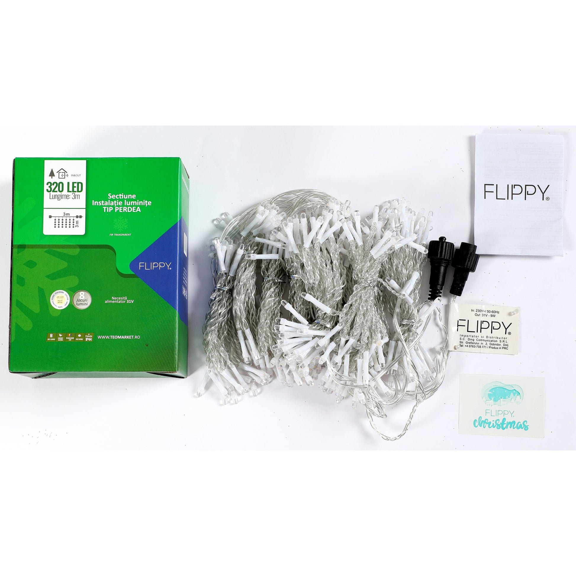 Sectiune Instalatie de Craciun Klevo Tip Perdea, cu 8 jocuri de lumini, 3 m x 3 m, 320 LED-uri, Interconectabila, Fir Transparent, Alb Cald