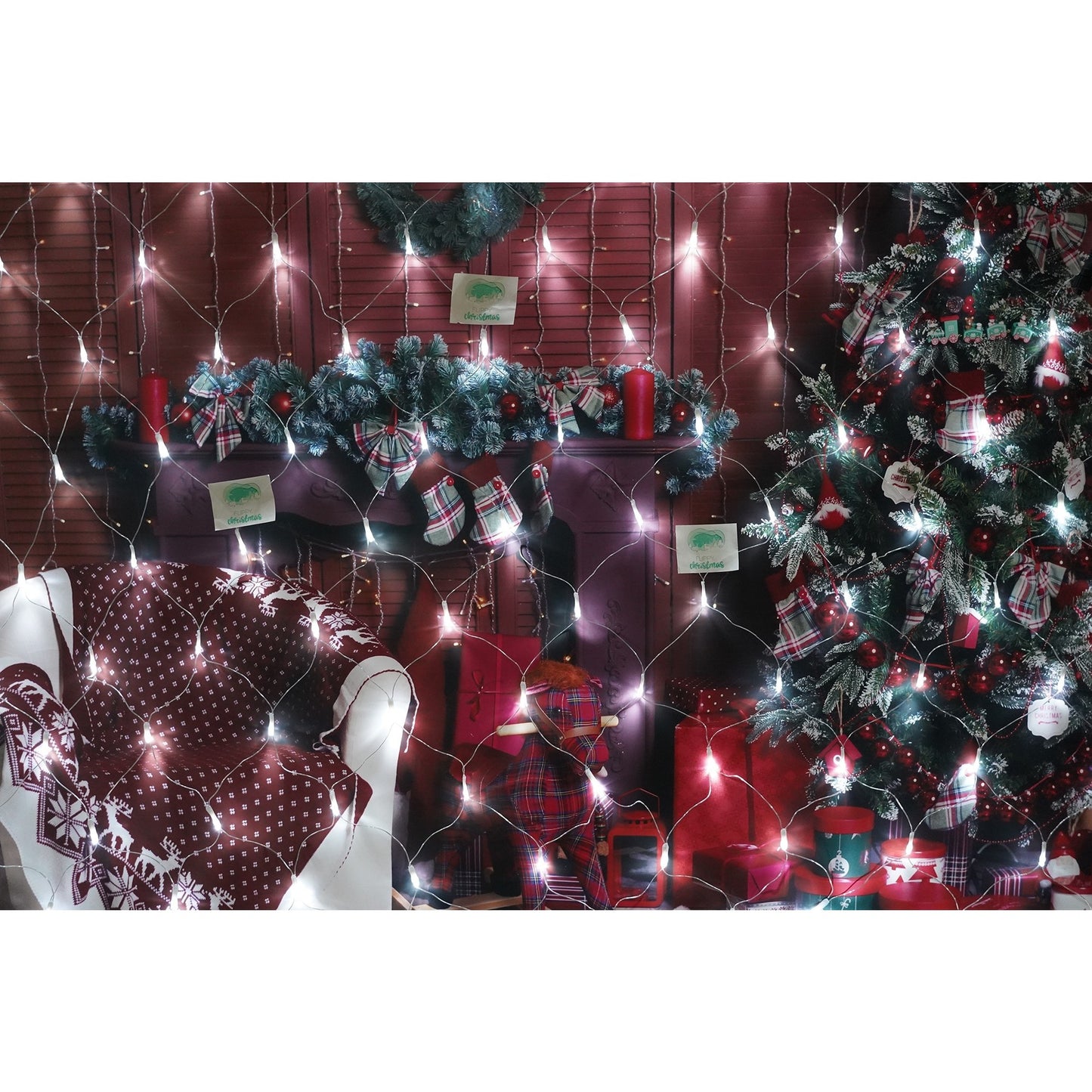Sectiune Instalatie de Craciun Klevo, Tip Plasa, 120 LED-uri, 1.5 x 1.5 m, 8 jocuri de lumini, Interconectabila, Fir transparent, Alb rece