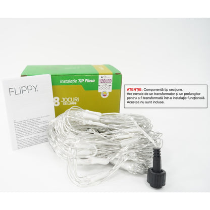 Sectiune Instalatie de Craciun Klevo, Tip Plasa, 120 LED-uri, 1.5 x 1.5 m, 8 jocuri de lumini, Interconectabila, Fir transparent, Multicolor