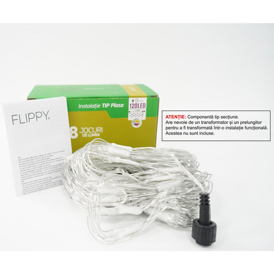 Sectiune Instalatie de Craciun Klevo, Tip Plasa, 120 LED-uri, 1.5 x 1.5 m, 8 jocuri de lumini, Interconectabila, Fir transparent, Multicolor