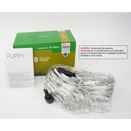 Sectiune Instalatie de Craciun Klevo, Tip Plasa, 120 LED-uri, 1.5 x 1.5 m, 8 jocuri de lumini, Interconectabila, Fir transparent, Albastru