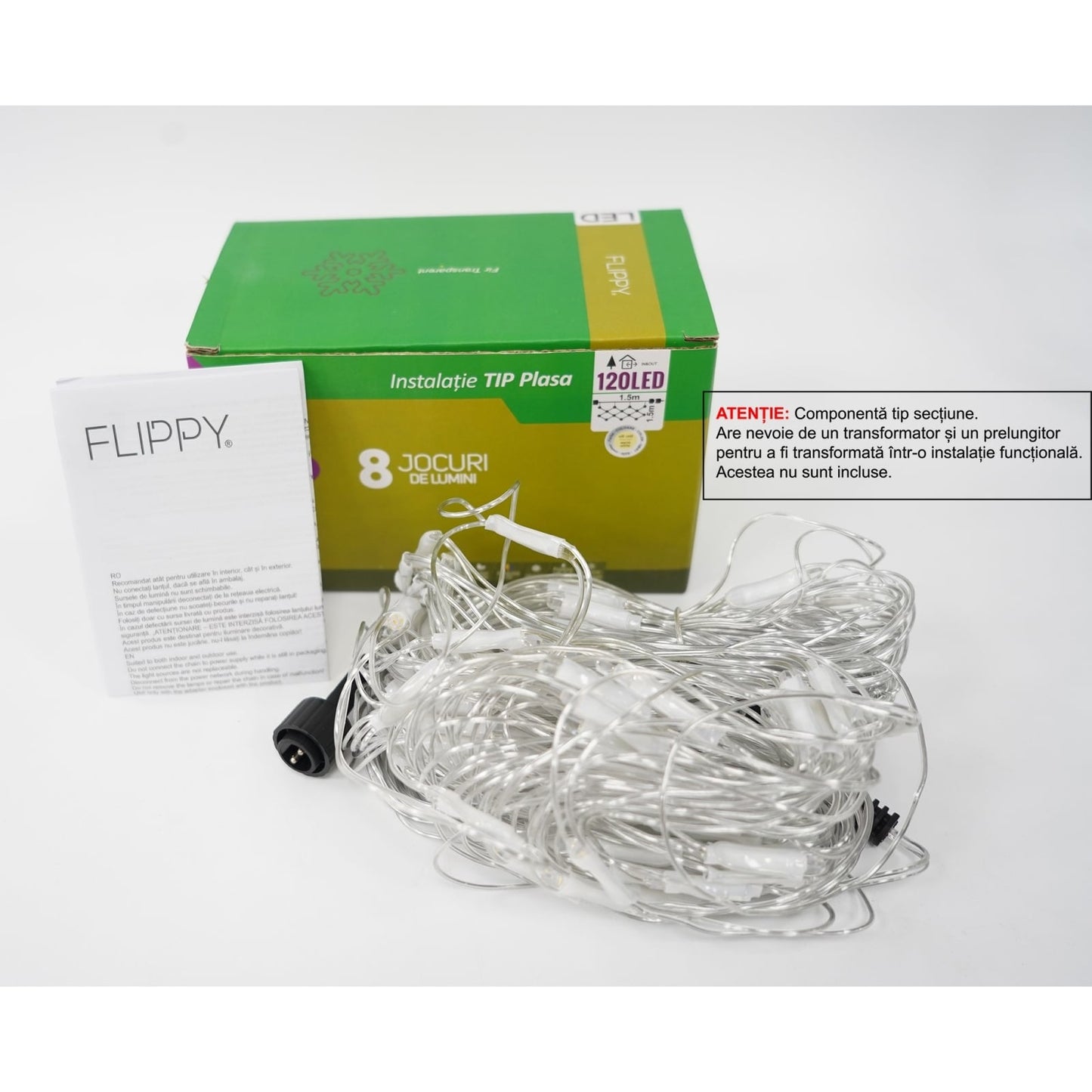 Sectiune Instalatie de Craciun Klevo, Tip Plasa, 120 LED-uri, 1.5 x 1.5 m, 8 jocuri de lumini, Interconectabila, Fir transparent, Alb cald