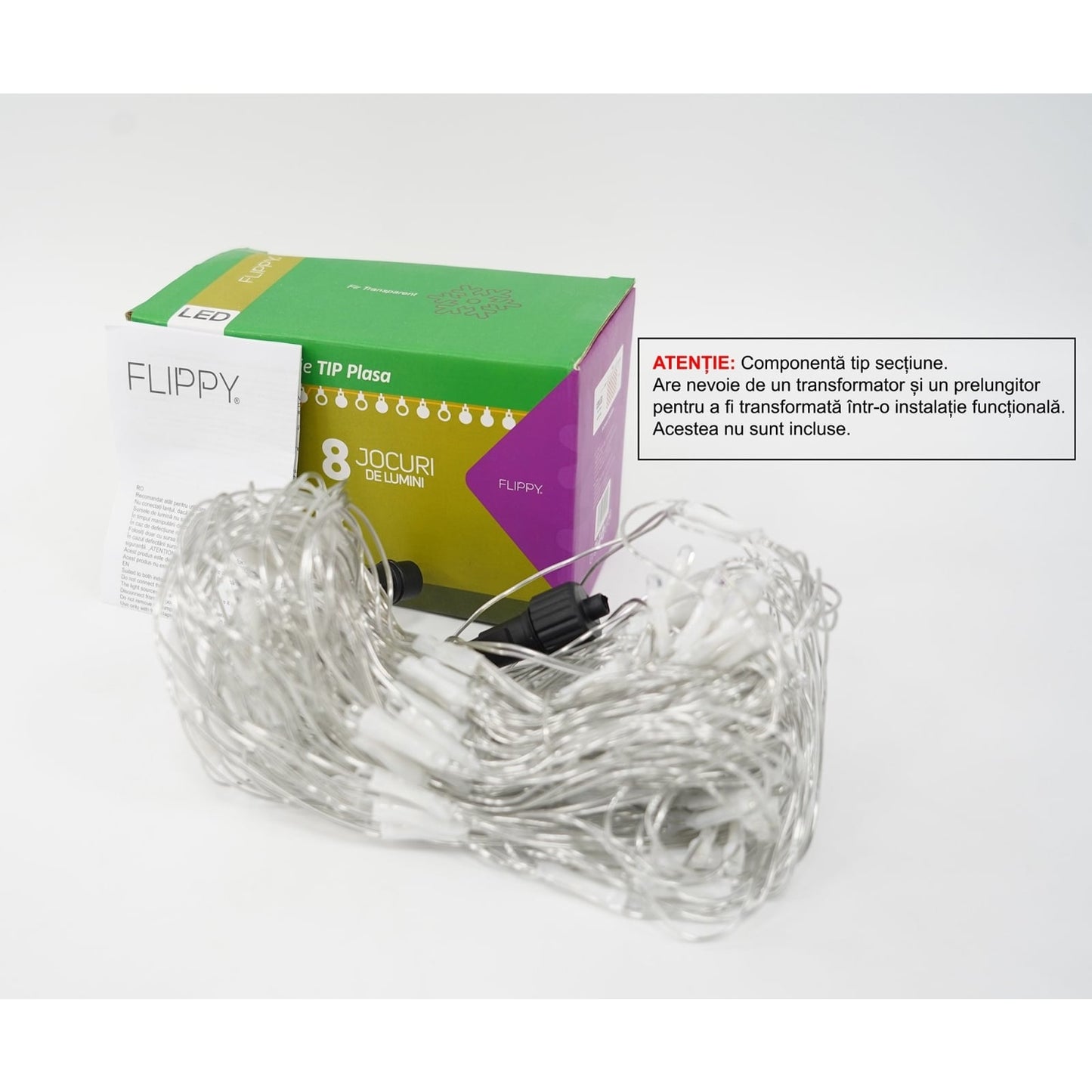 Sectiune Instalatie de Craciun Klevo, Tip Plasa, 120 LED-uri, 1.5 x 1.5 m, 8 jocuri de lumini, Interconectabila, Fir transparent, Alb rece