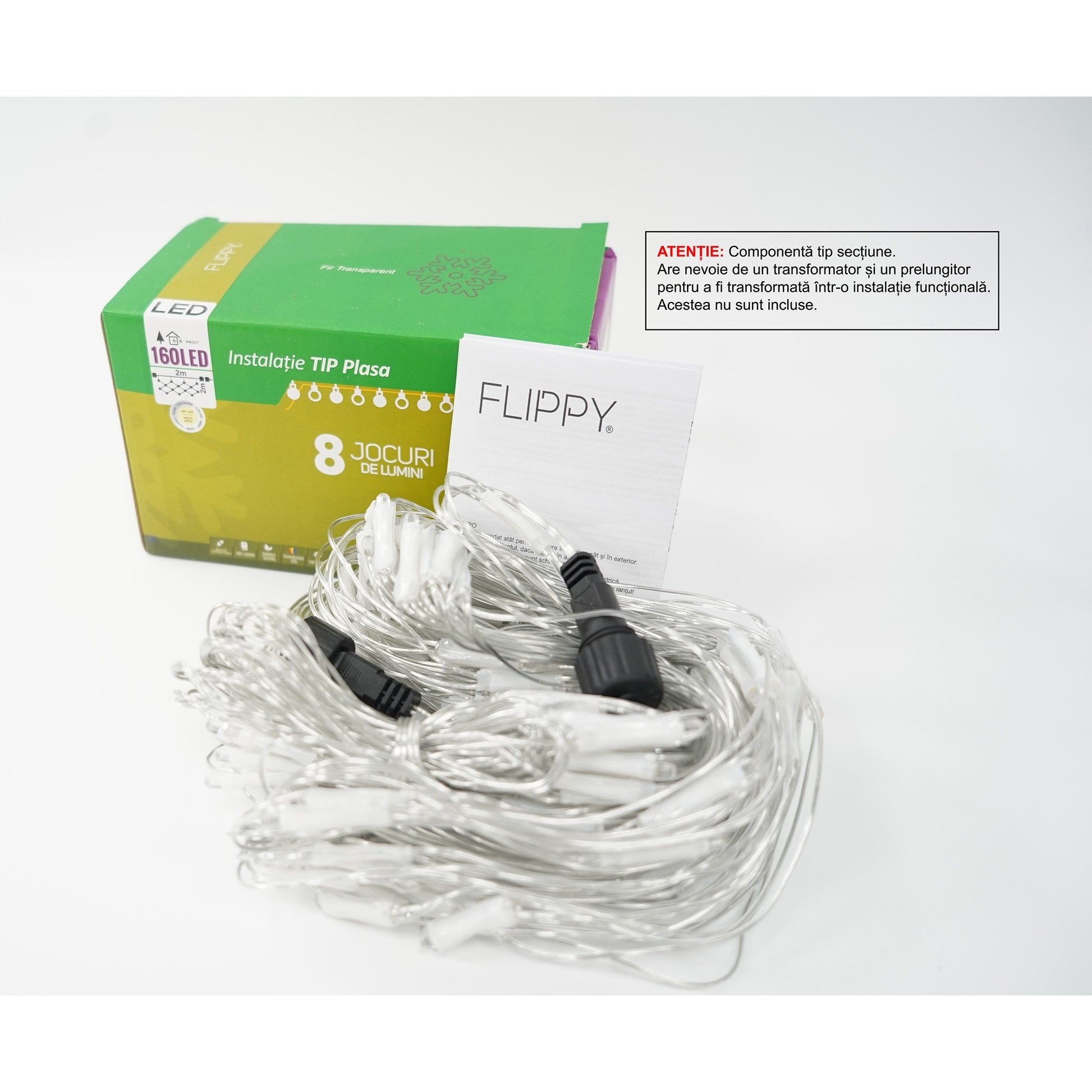 Sectiune Instalatie de Craciun Klevo, Tip Plasa, 160 LED-uri, 2 m x 2 m, 8 jocuri de lumini, Interconectabila, Fir transparent, Alb cald