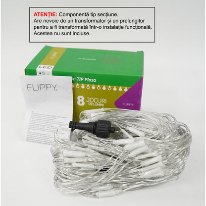 Sectiune Instalatie de Craciun Klevo, Tip Plasa, 160 LED-uri, 2 m x 2 m, 8 jocuri de lumini, Interconectabila, Fir transparent, Multicolor