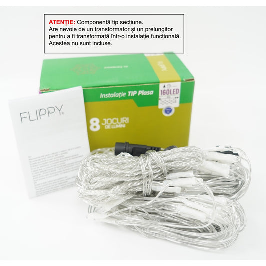 Sectiune Instalatie de Craciun Klevo, Tip Plasa, 160 LED-uri, 2 m x 2 m, 8 jocuri de lumini, Interconectabila, Fir transparent, Albastru