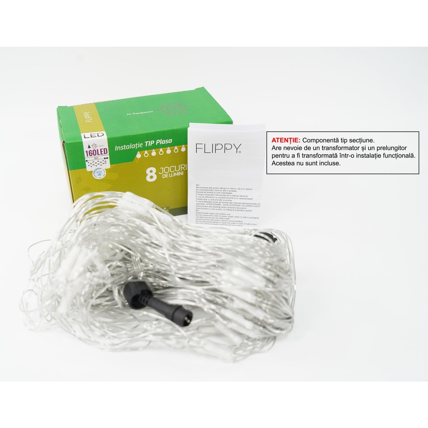 Sectiune Instalatie de Craciun Klevo, Tip Plasa, 160 LED-uri, 3 m x 1 m, 8 jocuri de lumini, Interconectabila, Fir transparent, Alb rece