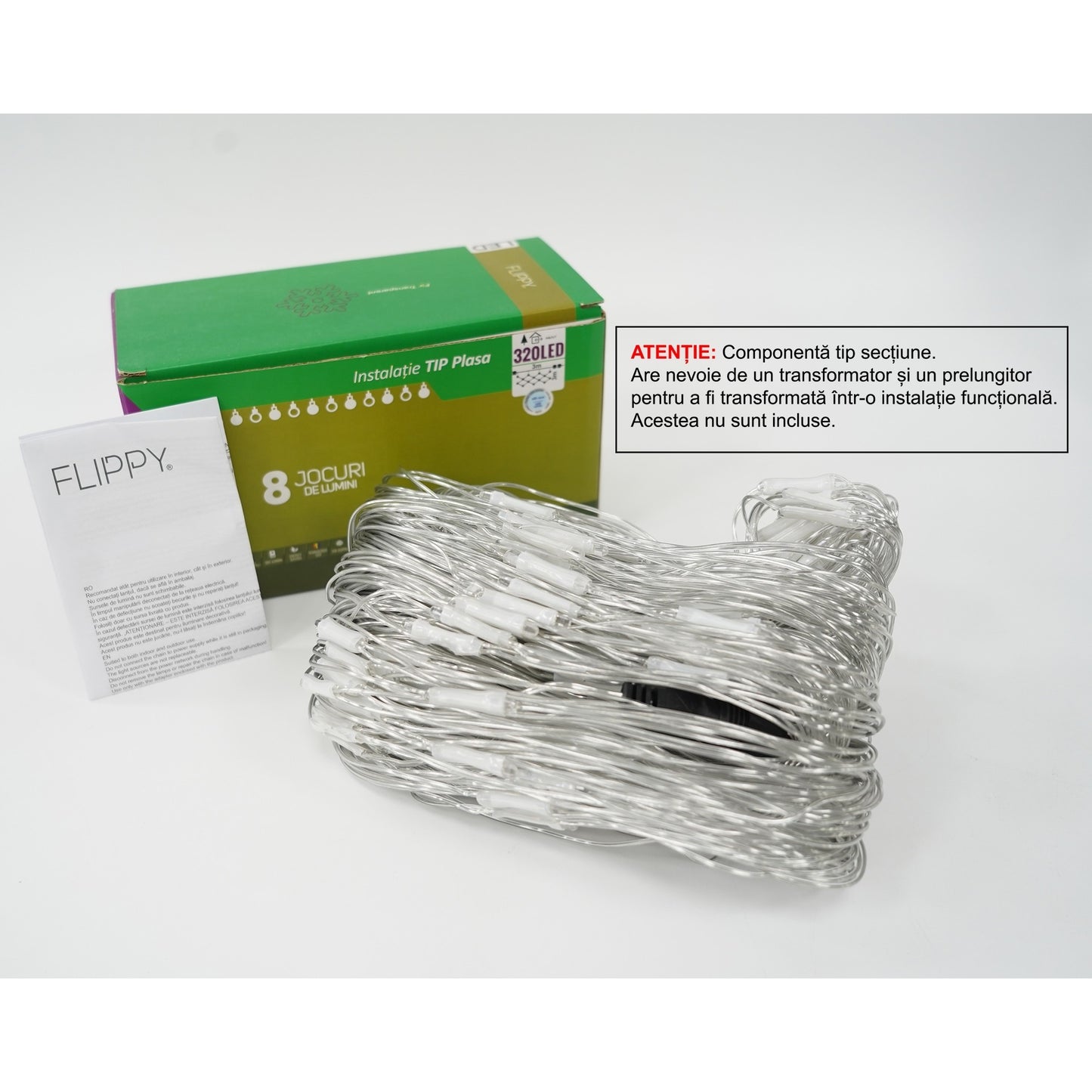 Sectiune Instalatie de Craciun Klevo, Tip Plasa, 320 LED-uri, 3 m x 3 m, 8 jocuri de lumini, Interconectabila, Fir transparent, Alb rece