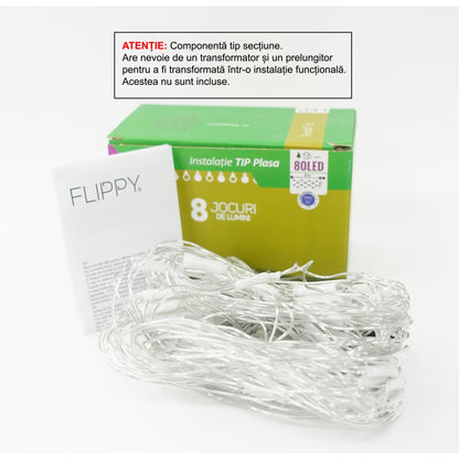 Sectiune Instalatie de Craciun Klevo, Tip Plasa, 80 LED-uri, 2 m x 1 m, 8 jocuri de lumini, Interconectabila, Fir transparent, Albastru