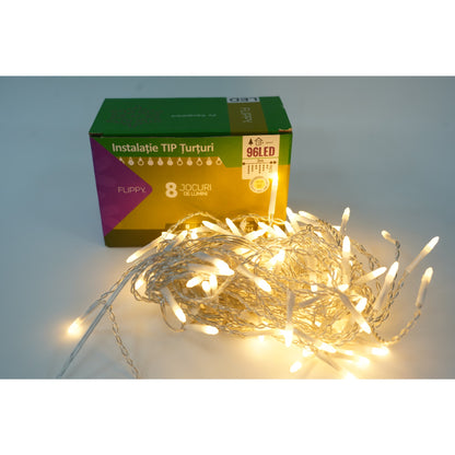 Sectiune Instalatie de Craciun Klevo® Tip Turturi, 8 jocuri de lumini 3 m, 96 LED-uri, Interconectabila, Fir Transparent, Alb Cald, Atentie! nu contine alimentator