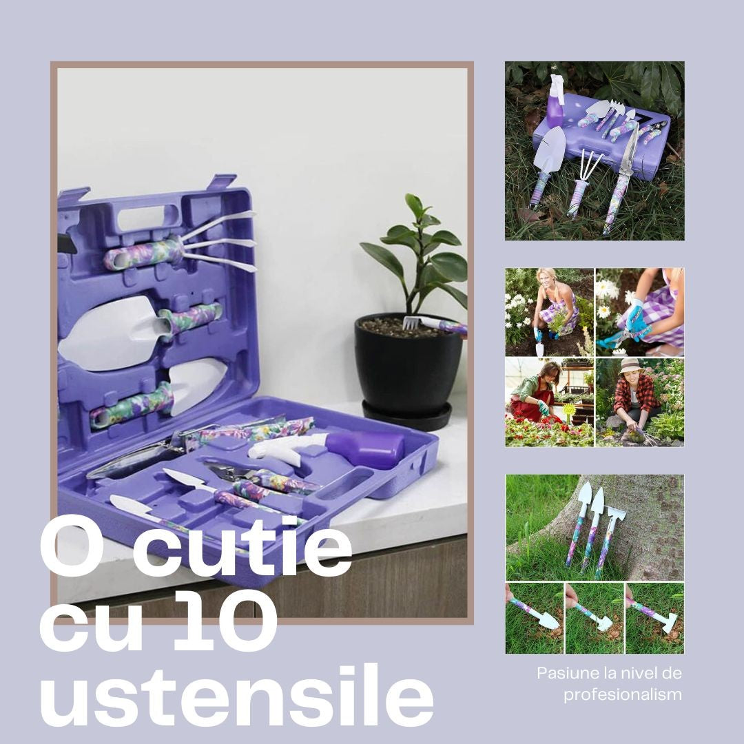 Set 10 accesorii pentru gradinarit Klevo, geanta depozitare inclusa, otel inoxidabil, 37 x 28 cm, mov