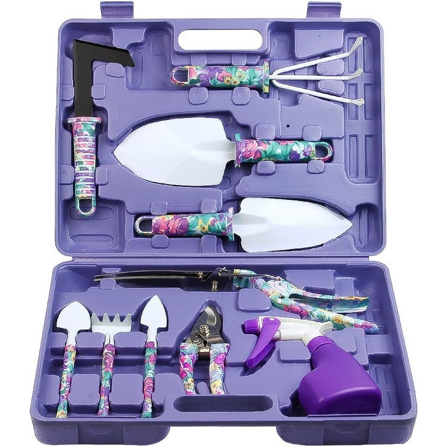 Set 10 accesorii pentru gradinarit Klevo, geanta depozitare inclusa, otel inoxidabil, 37 x 28 cm, mov