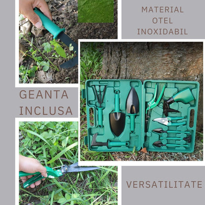 Set 10 accesorii pentru gradinarit Klevo, geanta depozitare inclusa, otel inoxidabil, 37 x 28 cm, verde