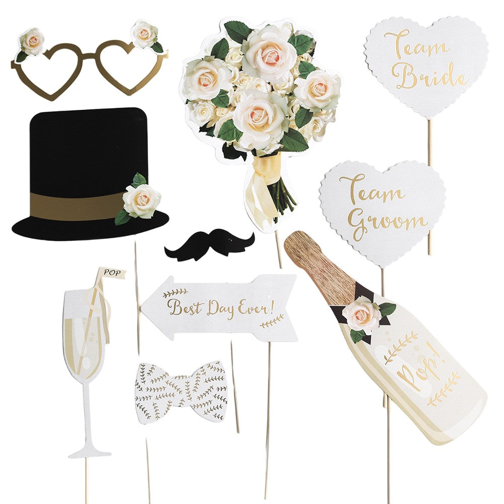 Set 10 Accesorii pentru Petrecere, Klevo, Props pentru Coltul de Poze, Model Mire si Mireasa, Tematica Nunta, Multicolor