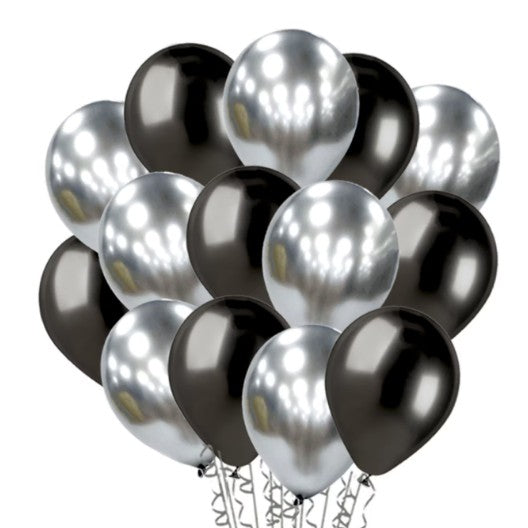 Set 10 Baloane din Latex Chrome, Klevo, Model Party, 23 cm, Negru Argintiu, 2.2 g