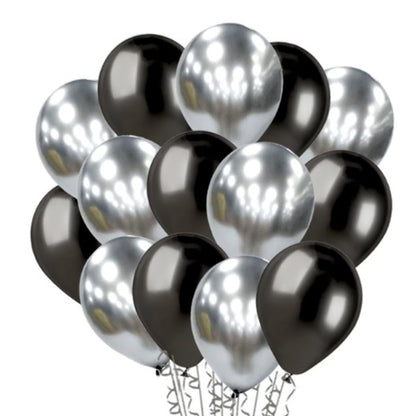 Set 10 Baloane din Latex Chrome, Klevo, Model Party, 23 cm, Negru Argintiu, 2.2 g