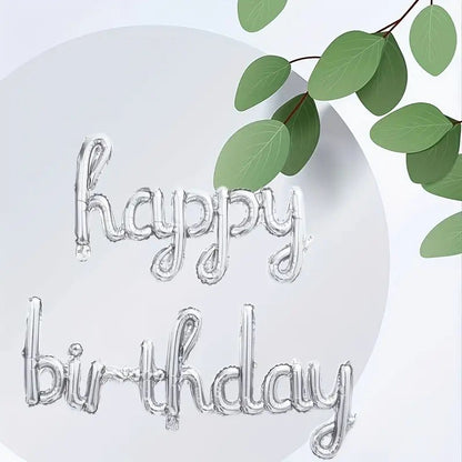 Set 10 Baloane din Folie Metalizata, Klevo, Figurine Litere, Model Scris de Mana Happy Birthday, Tema Aniversare, 40 cm, Ambalaj Individual, Pai Inclus, Umflare cu Aer sau Heliu, Argintiu