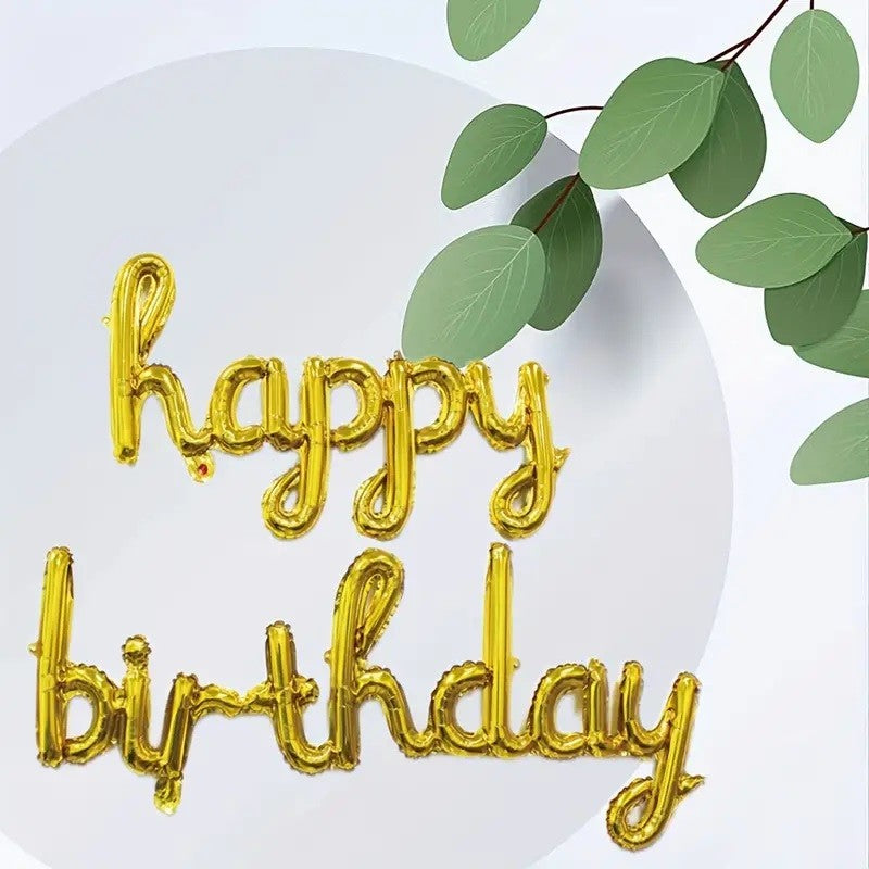 Set 10 Baloane din Folie Metalizata, Klevo, Figurine Litere, Model Scris de Mana Happy Birthday, Tema Aniversare, 40 cm, Ambalaj Individual, Pai Inclus, Umflare cu Aer sau Heliu, Auriu