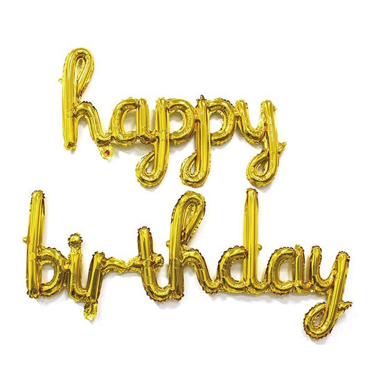 Set 10 Baloane din Folie Metalizata, Klevo, Figurine Litere, Model Scris de Mana Happy Birthday, Tema Aniversare, 40 cm, Ambalaj Individual, Pai Inclus, Umflare cu Aer sau Heliu, Auriu
