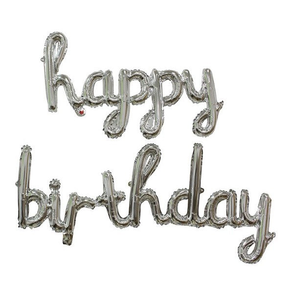 Set 10 Baloane din Folie Metalizata, Klevo, Figurine Litere, Model Scris de Mana Happy Birthday, Tema Aniversare, 40 cm, Ambalaj Individual, Pai Inclus, Umflare cu Aer sau Heliu, Argintiu