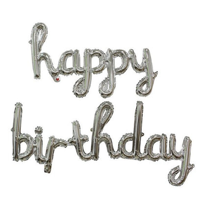 Set 10 Baloane din Folie Metalizata, Klevo, Figurine Litere, Model Scris de Mana Happy Birthday, Tema Aniversare, 40 cm, Ambalaj Individual, Pai Inclus, Umflare cu Aer sau Heliu, Argintiu