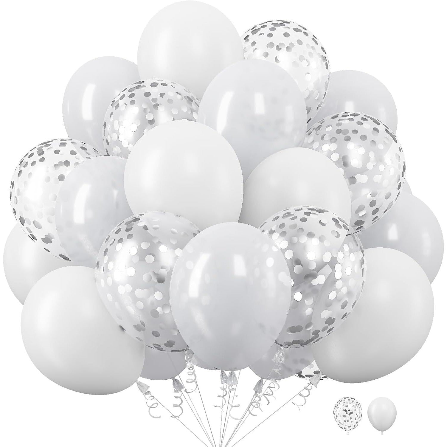 Set 10 Baloane din Latex, Klevo, Model Party, 30 cm, 5x Alb, 5x Transparent Confetti, 2.8 g
