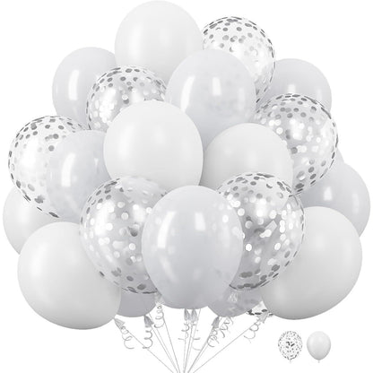 Set 10 Baloane din Latex, Klevo, Model Party, 30 cm, 5x Alb, 5x Transparent Confetti, 2.8 g