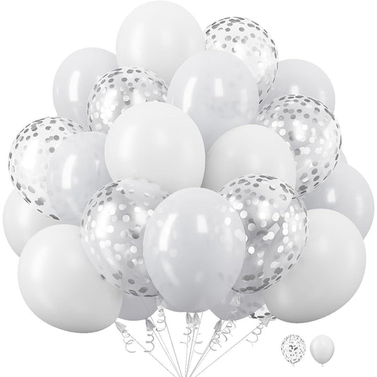 Set 10 Baloane din Latex, Klevo, Model Party, 30 cm, 5x Alb, 5x Transparent Confetti, 2.8 g
