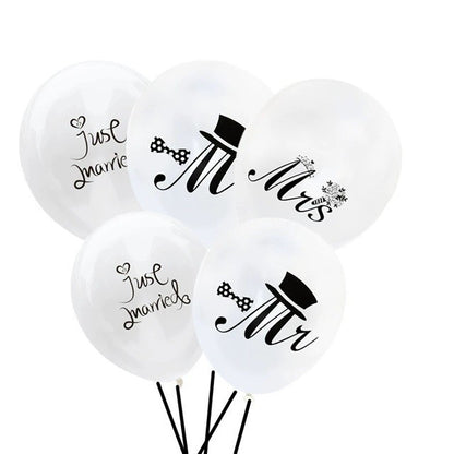 Set 10 Baloane din Latex, Klevo, Model Party Casatorie, Mr&Mrs Just Married, 2.8 g, 30 cm, Alb/Negru
