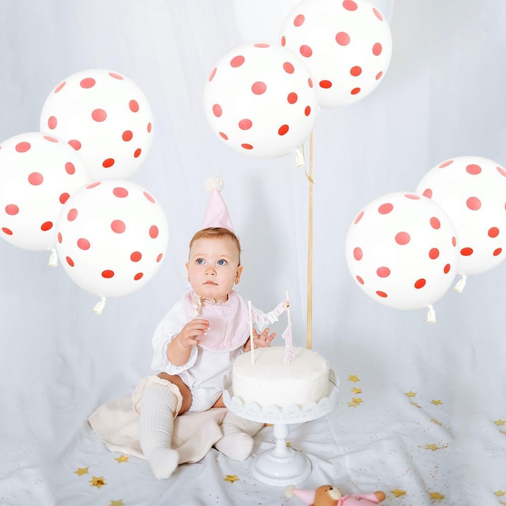 Set 10 Baloane din Latex, Klevo, Model Party cu Buline, 30 cm, Alb si Rosu, 2.8 g