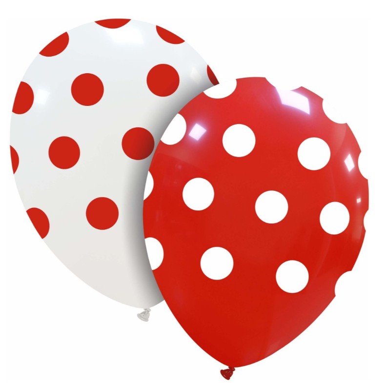 Set 10 Baloane din Latex, Klevo, Model Party cu Buline, 30 cm, Alb si Rosu, 2.8 g