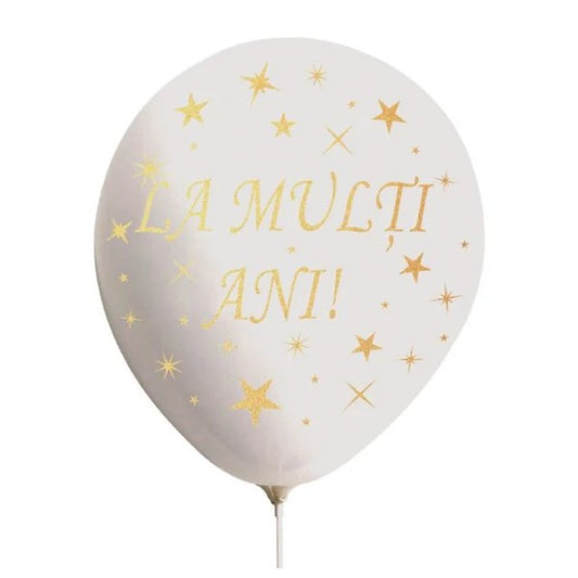 Set 10 Baloane din Latex, Klevo, Model Party, La Multi Ani, 23 cm, 2.2 g, Alb