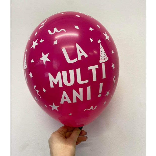Set 10 Baloane din Latex, Klevo, Model Party, La Multi Ani, 23 cm, Roz, 2.2 g