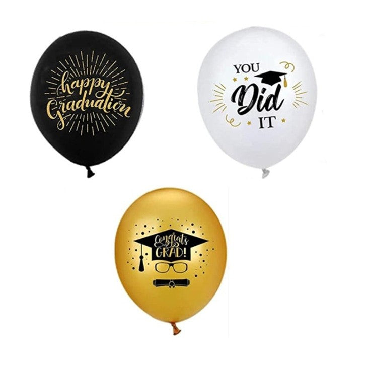 Set 10 Baloane din Latex Metalizate, Klevo, Model Absolvire, Negru Auriu Alb, 23 cm, 1.4 g