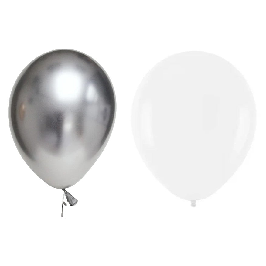 Set 10 Baloane din Latex Metalizate, Klevo, Model Party, Alb, Argintiu, 23 cm, 2.2 g