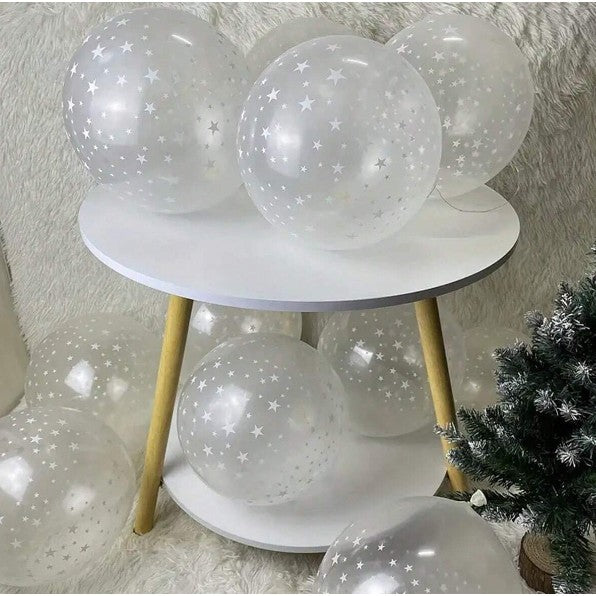 Set 10 Baloane din Latex Transparente, Klevo, Model Party, 30 cm, Stelute Albe, 2.8 g