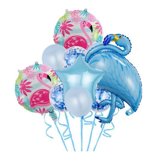 Set Baloane party aniversare, Klevo, din Folie de aluminiu si Latex, set din 10 baloane Flamigo Party, 1 stea, 5 baloane latex, 2 rotunde, 60 -90 cm, Albastru